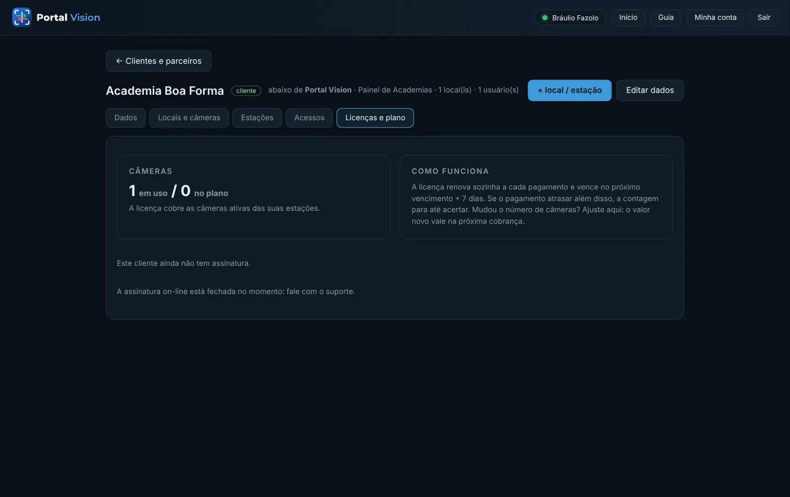 Aba Licenças e plano