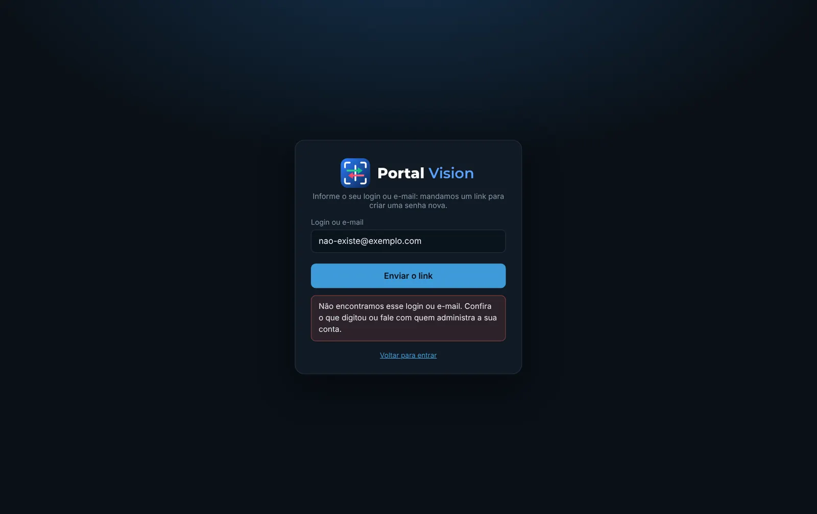 Login ou e-mail que não existe (ou sem e-mail cadastrado): fale com quem administra a sua conta